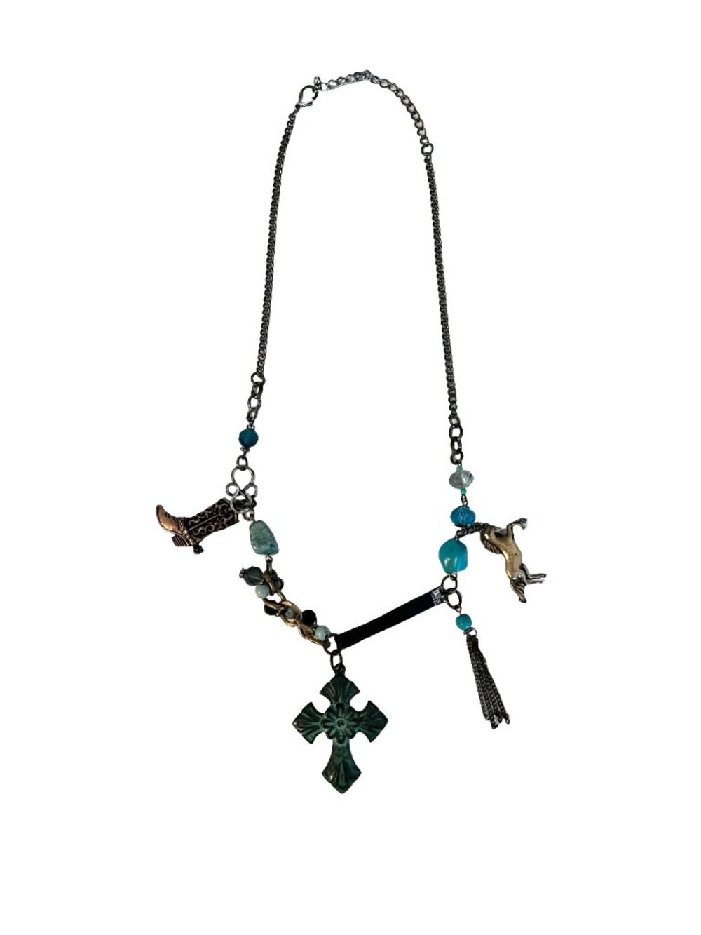 Vintage Charm Necklace Cross Boot Horse Tassel Blue Bead Mixed Metal Statement N